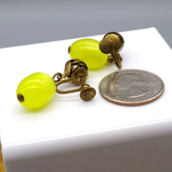 Bright Yellow Moonglow Drop Earrings, Gold Tone Screw Back with Brassy Rose Bead - Picture 4 of 4